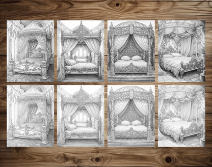 25 Princess Bed Grayscale Coloring Pages - Instant Download - Printable PDF Dark/Light – preview 6