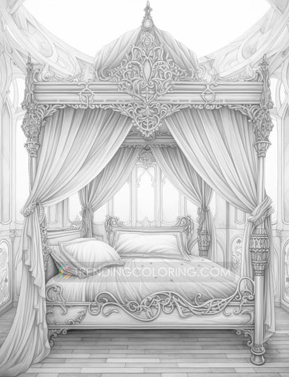 25 Princess Bed Grayscale Coloring Pages - Instant Download - Printable PDF Dark/Light – preview 9