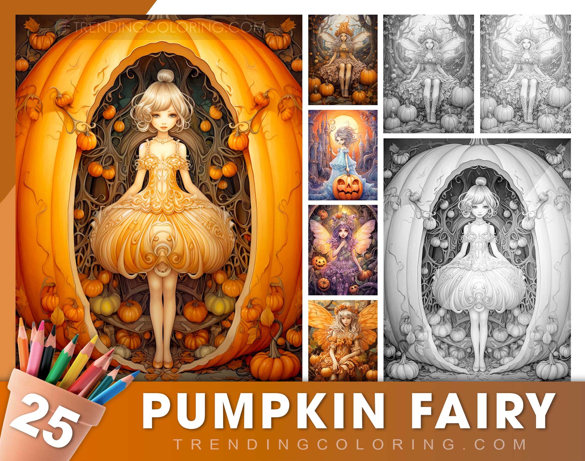 25 Pumpkin Fairy Grayscale Coloring Pages - Halloween Coloring - Instant Download - Printable PDF Dark/Light
