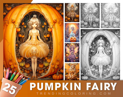 25 Pumpkin Fairy Grayscale Coloring Pages - Halloween Coloring - Instant Download - Printable PDF Dark/Light
