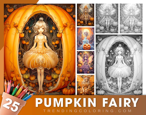 25 Kürbisfee Graustufen Malvorlagen - Halloween Ausmalen - Sofortiger Download - Druckbare PDF Dunkel/Hell