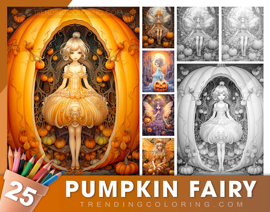 25 Pumpkin Fairy Grayscale Coloring Pages - Halloween Coloring - Instant Download - Printable PDF Dark/Light