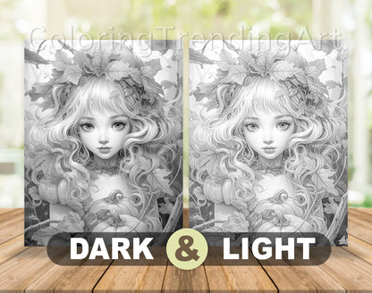 25 Pumpkin Fairy Grayscale Coloring Pages - Halloween Coloring - Instant Download - Printable PDF Dark/Light – preview 4