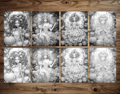 25 Pumpkin Fairy Grayscale Coloring Pages - Halloween Coloring - Instant Download - Printable PDF Dark/Light – preview 7