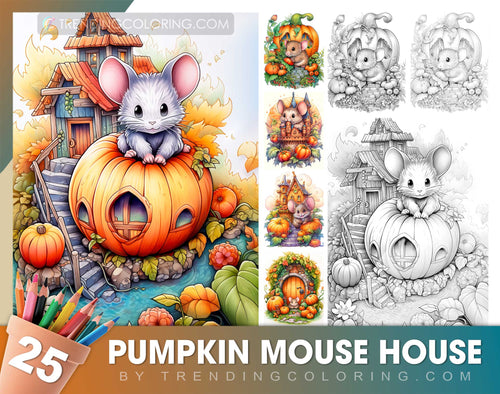 25 Kürbis-Maus-Haus Graustufen Malvorlagen - Halloween Ausmalen - Sofortiger Download - Druckbare PDF Dunkel/Hell