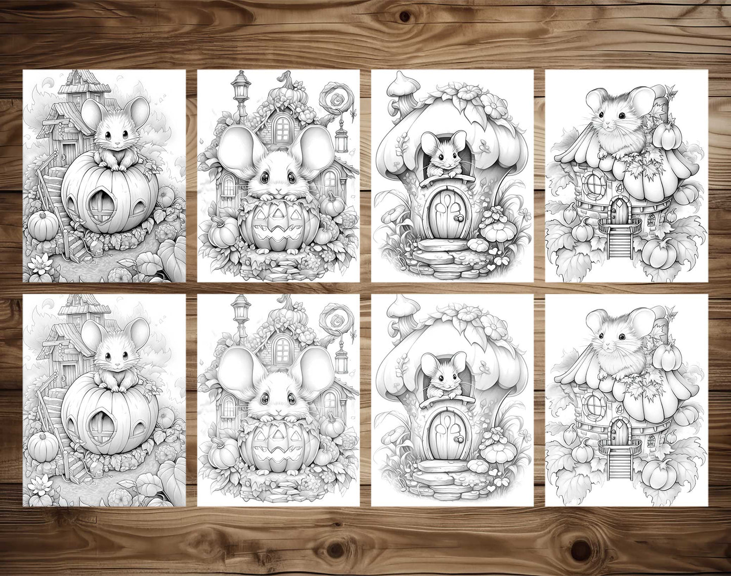 25 Pumpkin Mouse House Grayscale Coloring Pages - Halloween Coloring - Instant Download - Printable PDF Dark/Light – preview 3