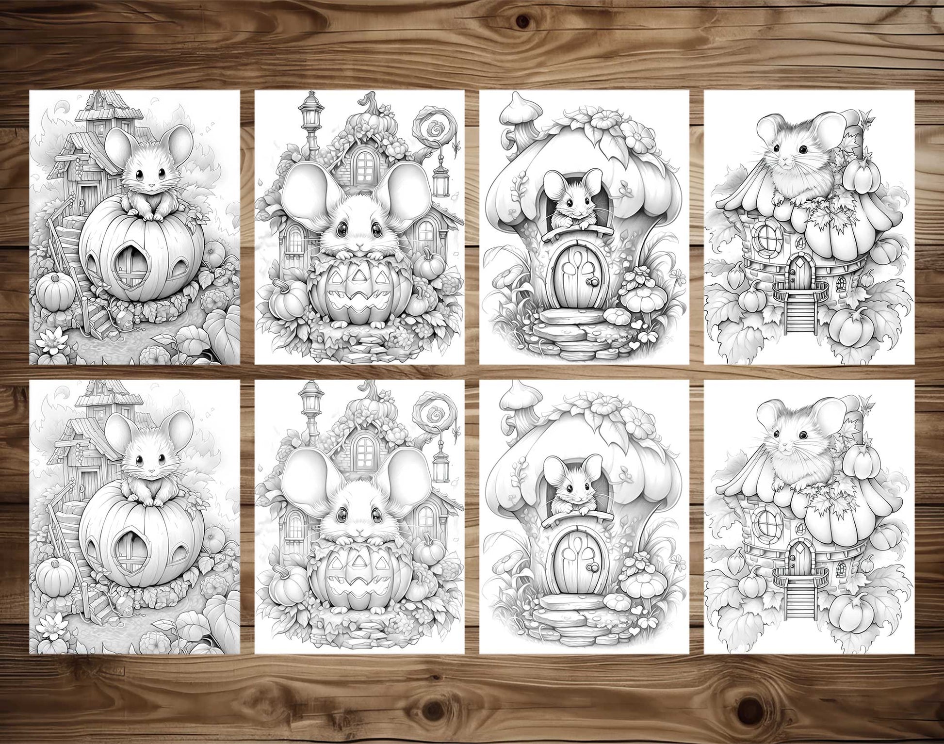 25 Pumpkin Mouse House Grayscale Coloring Pages - Halloween Coloring - Instant Download - Printable PDF Dark/Light – preview 3