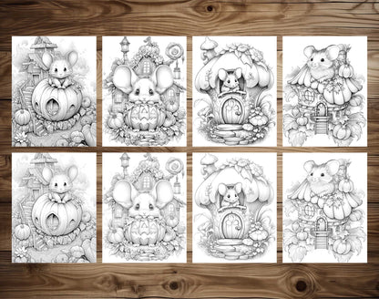 25 Pumpkin Mouse House Grayscale Coloring Pages - Halloween Coloring - Instant Download - Printable PDF Dark/Light – preview 3