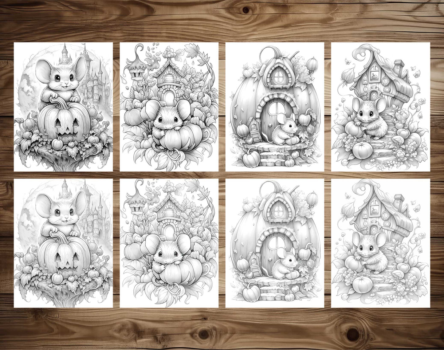 25 Pumpkin Mouse House Grayscale Coloring Pages - Halloween Coloring - Instant Download - Printable PDF Dark/Light – preview 4