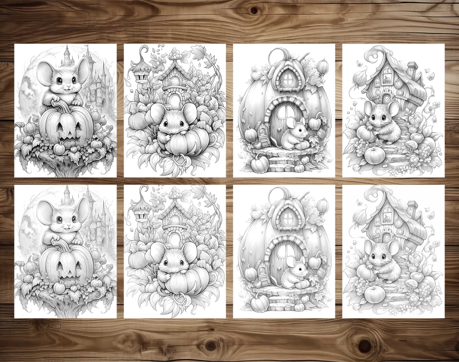 25 Pumpkin Mouse House Grayscale Coloring Pages - Halloween Coloring - Instant Download - Printable PDF Dark/Light – preview 4