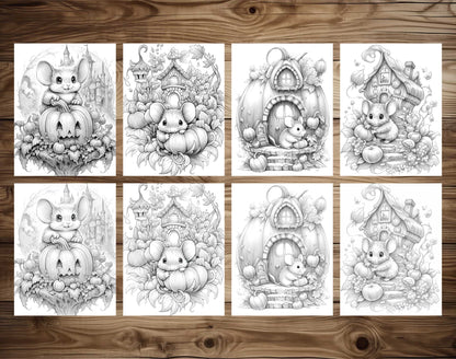 25 Pumpkin Mouse House Grayscale Coloring Pages - Halloween Coloring - Instant Download - Printable PDF Dark/Light – preview 4