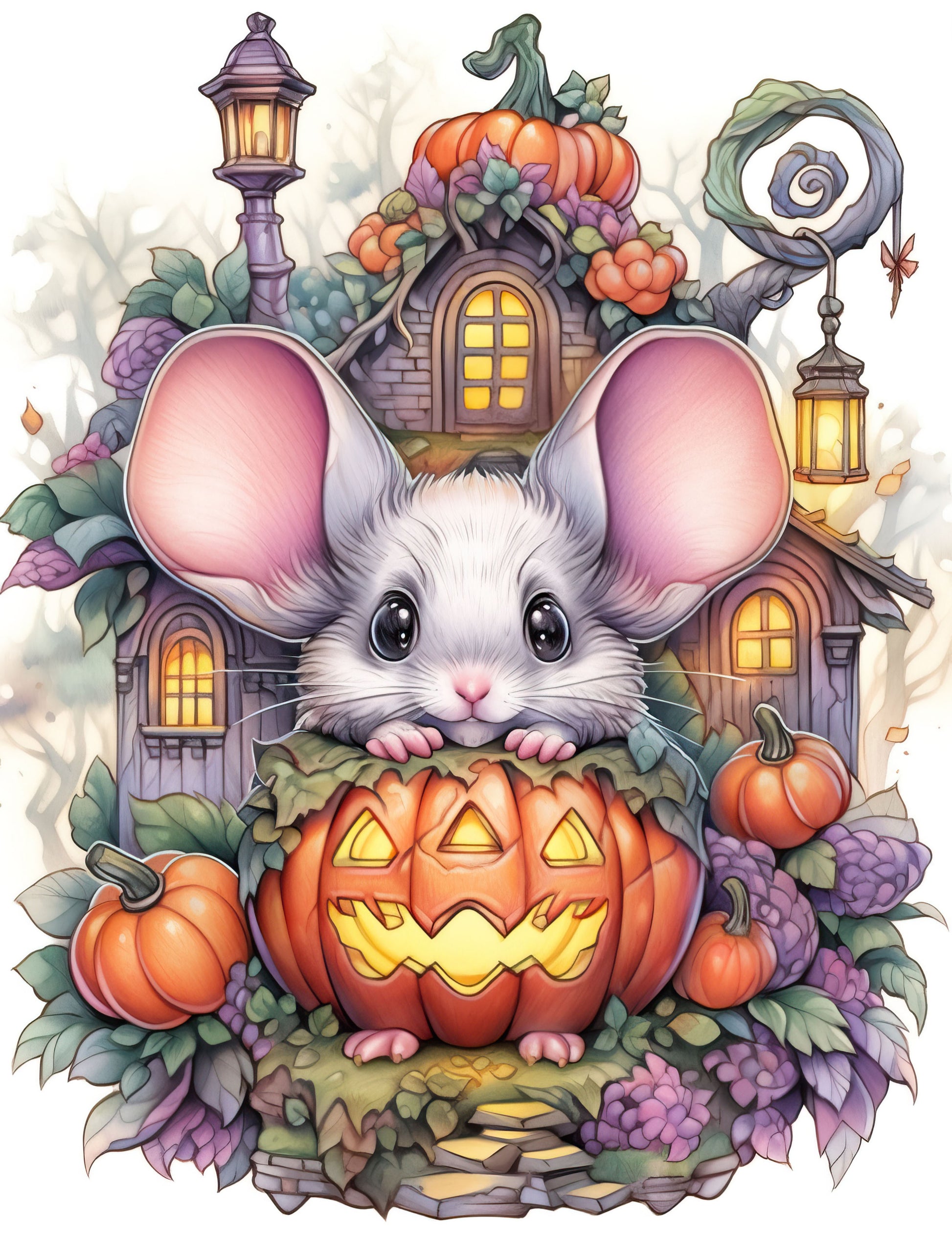 25 Pumpkin Mouse House Grayscale Coloring Pages - Halloween Coloring - Instant Download - Printable PDF Dark/Light – preview 5