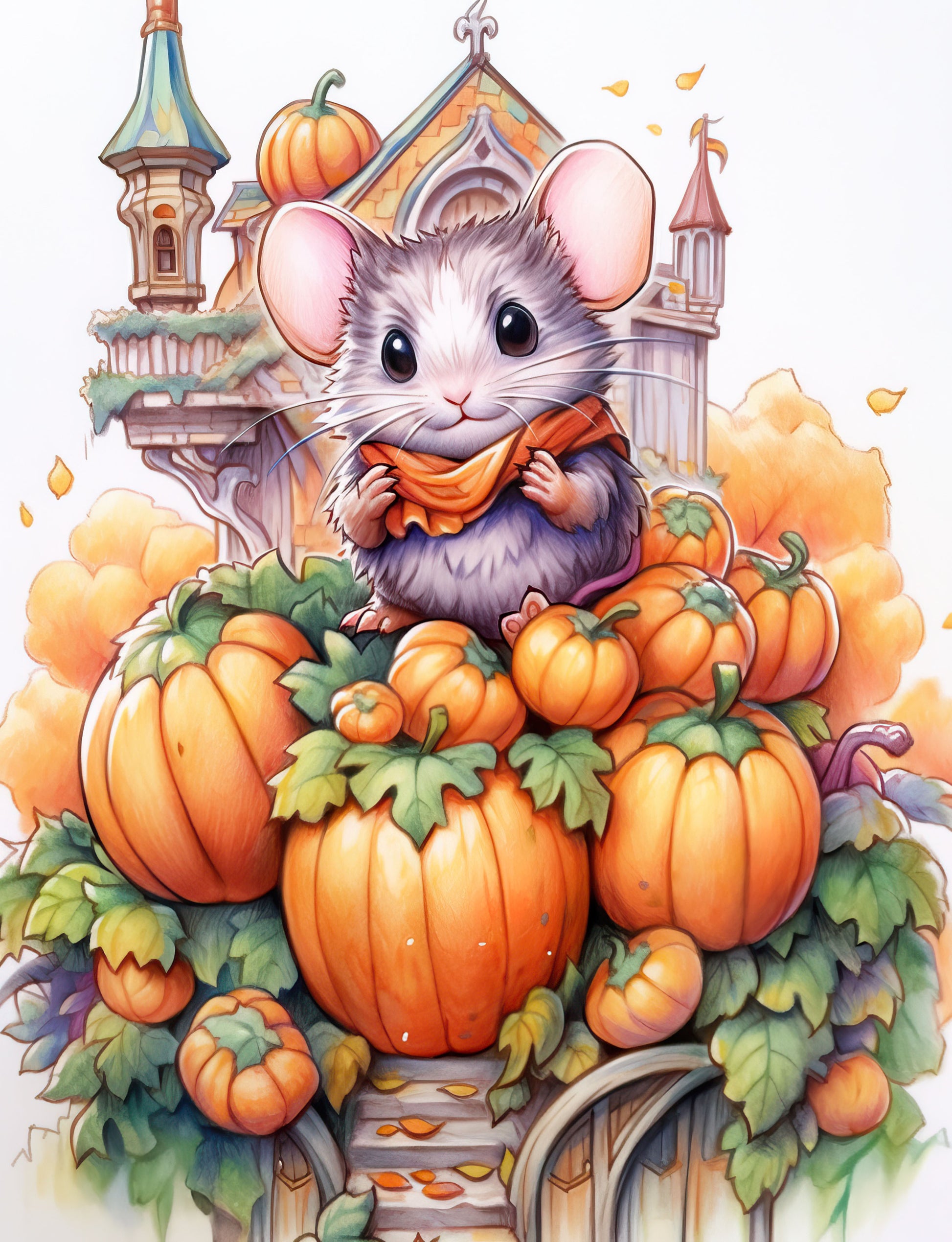 25 Pumpkin Mouse House Grayscale Coloring Pages - Halloween Coloring - Instant Download - Printable PDF Dark/Light – preview 6