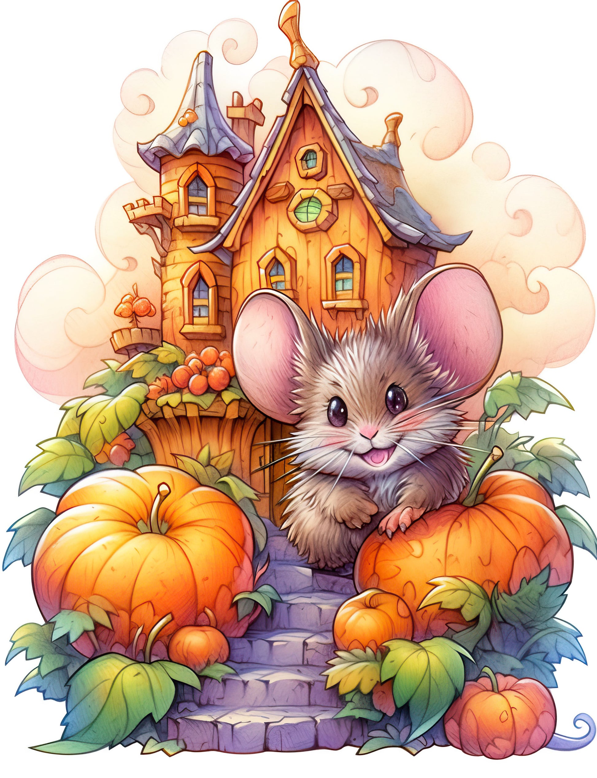 25 Pumpkin Mouse House Grayscale Coloring Pages - Halloween Coloring - Instant Download - Printable PDF Dark/Light – preview 7