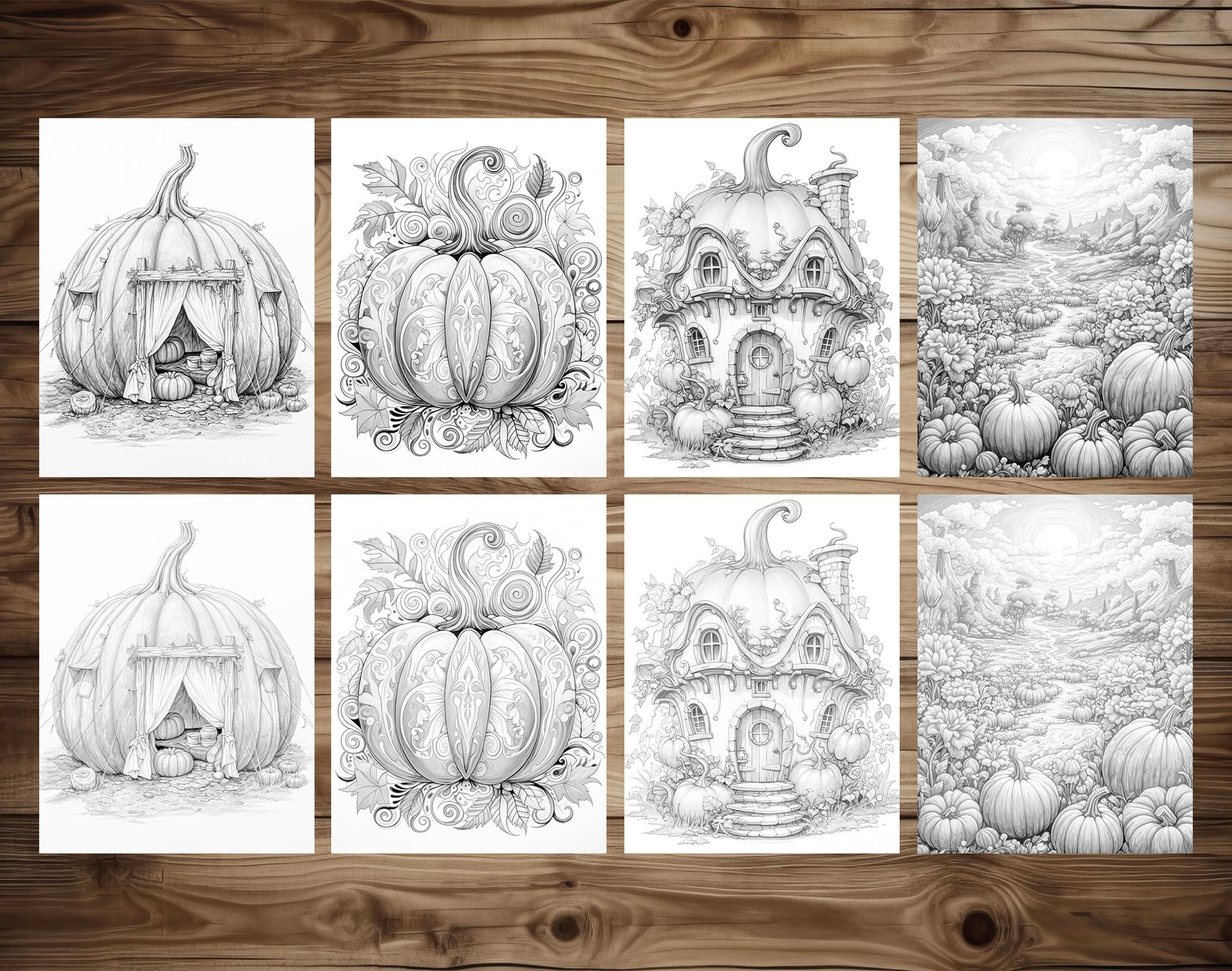 25 Pumpkin World Grayscale Coloring Pages - Instant Download - Printable PDF Dark/Light – preview 3