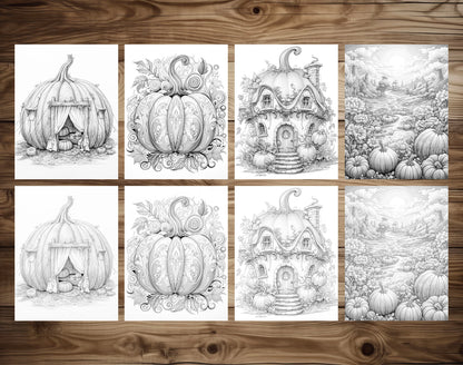 25 Pumpkin World Grayscale Coloring Pages - Instant Download - Printable PDF Dark/Light – preview 3