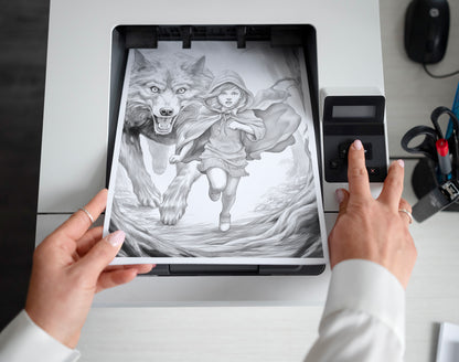 25 Red Riding Hood's Journey Grayscale Coloring Pages - Instant Download - Printable PDF Dark/Light – preview 2