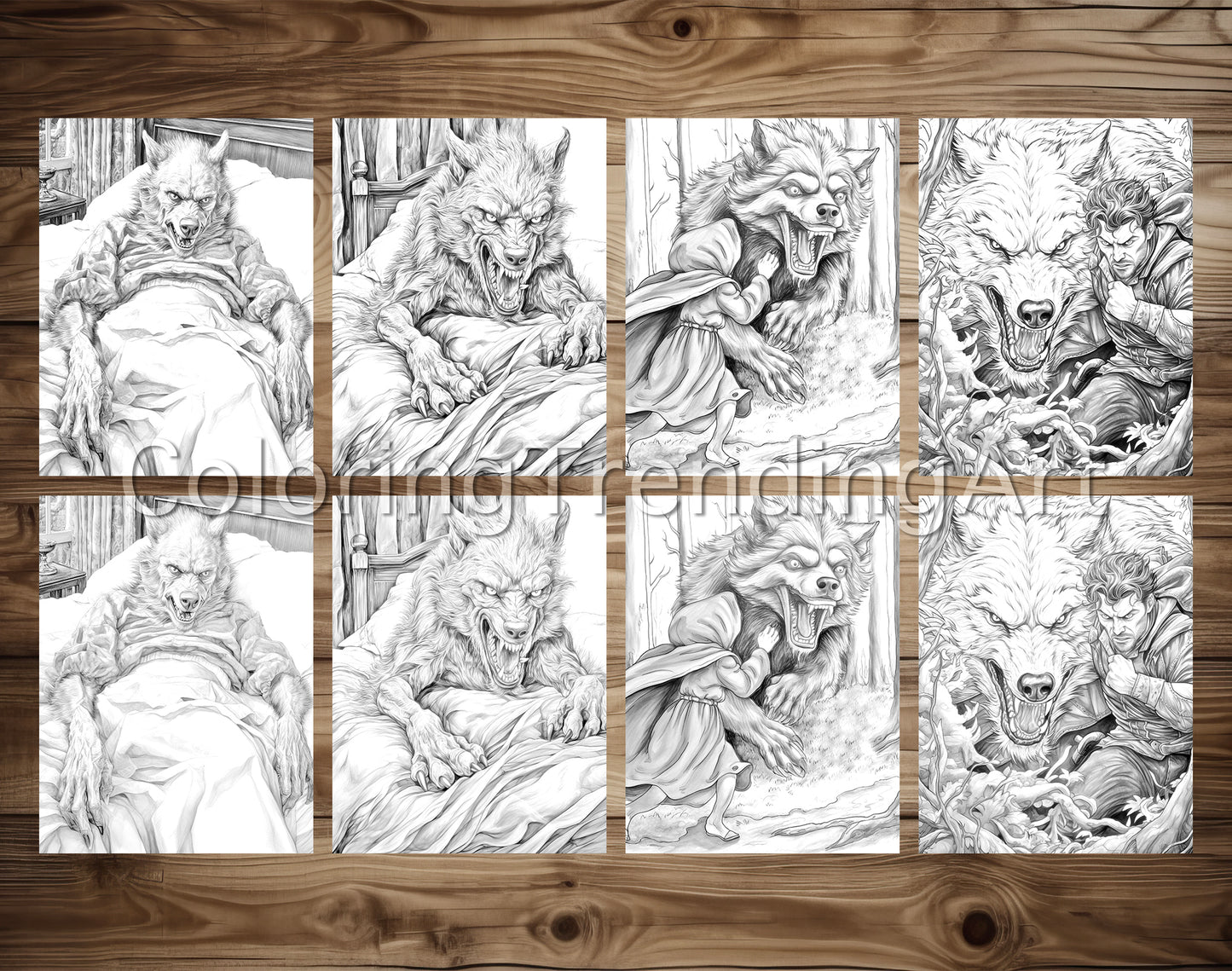 25 Red Riding Hood's Journey Grayscale Coloring Pages - Instant Download - Printable PDF Dark/Light – preview 4