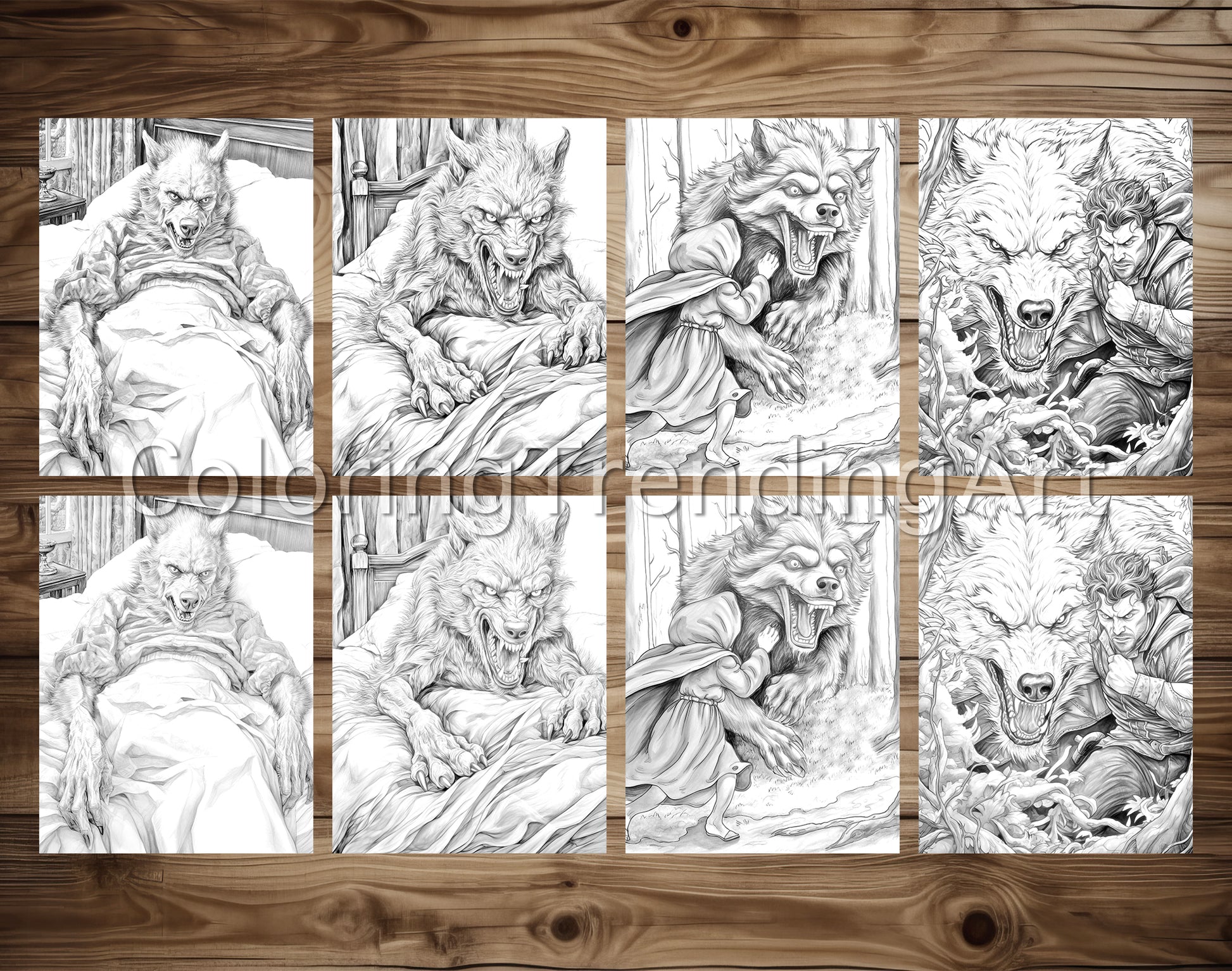 25 Red Riding Hood's Journey Grayscale Coloring Pages - Instant Download - Printable PDF Dark/Light – preview 4