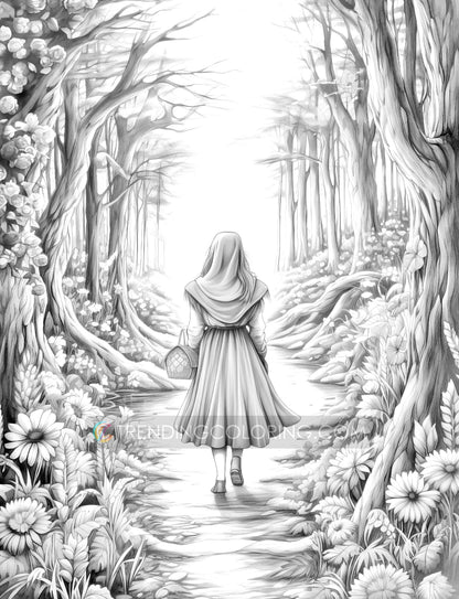 25 Red Riding Hood's Journey Grayscale Coloring Pages - Instant Download - Printable PDF Dark/Light – preview 5