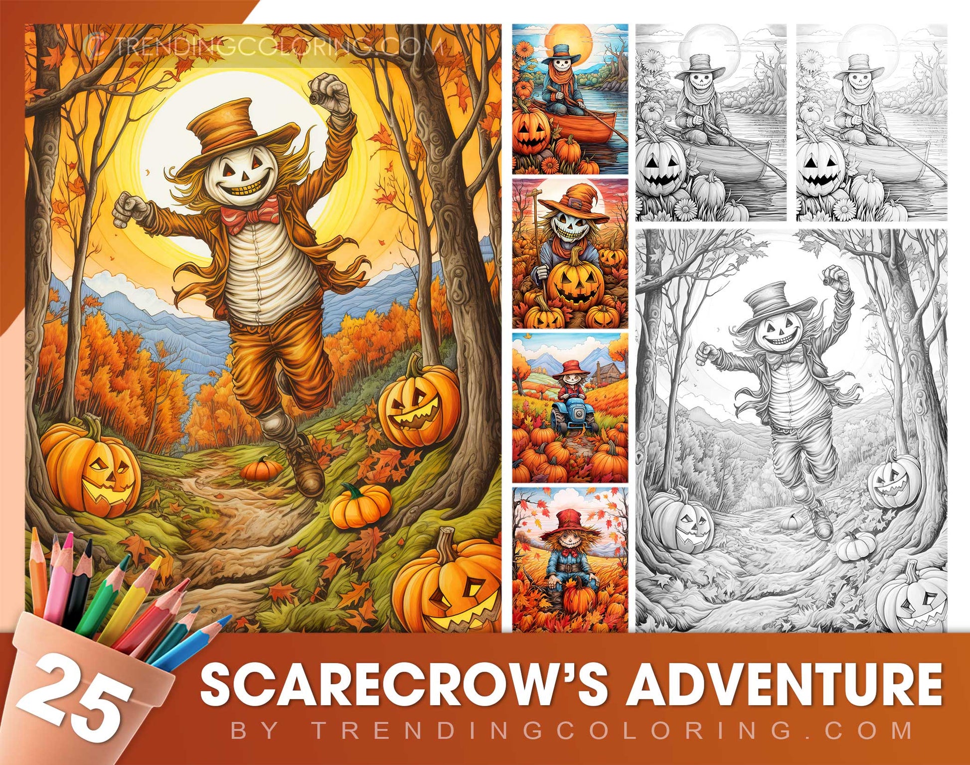 25 Scarecrow’s Adventure Grayscale Coloring Pages - Instant Download - Printable PDF Dark/Light