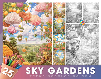 25 Sky Gardens Coloring Pages - Grayscale, Printable PDF