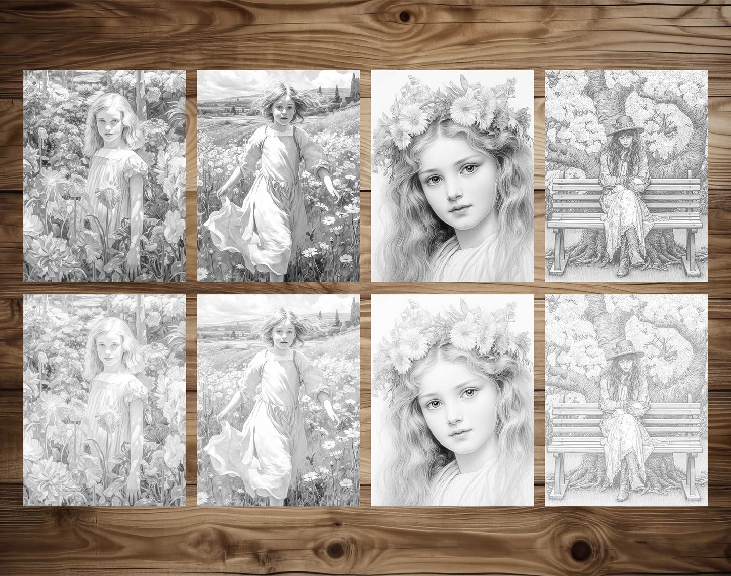 25 Spring Girls Grayscale Coloring Pages - Instant Download - Printable PDF Dark/Light – preview 3