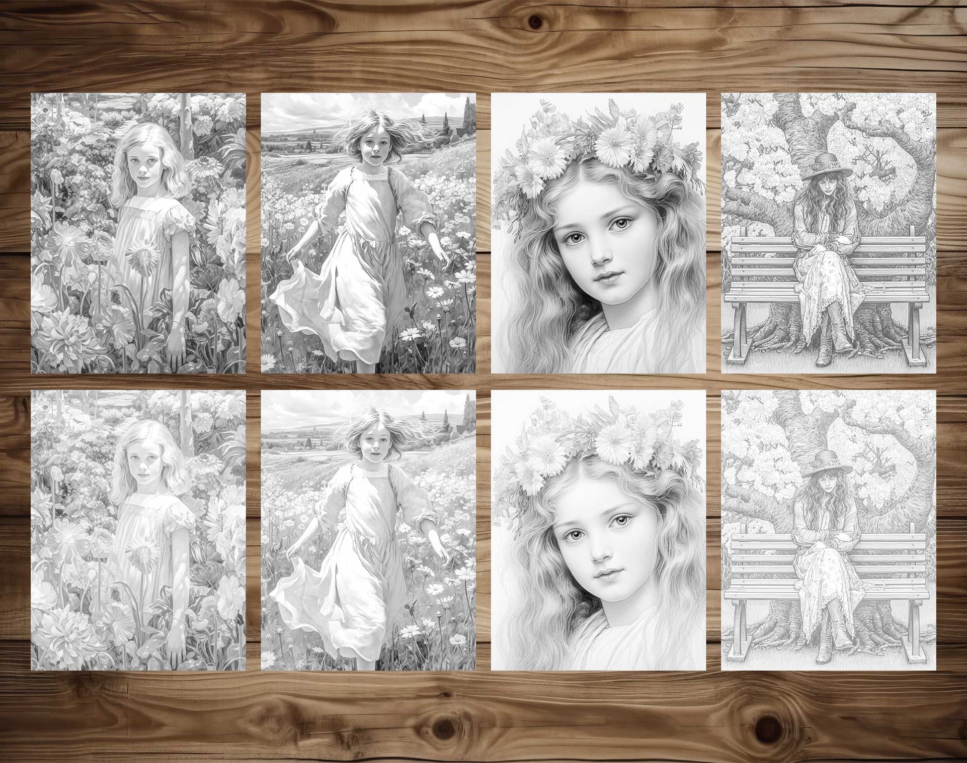 25 Spring Girls Grayscale Coloring Pages - Instant Download - Printable PDF Dark/Light – preview 3