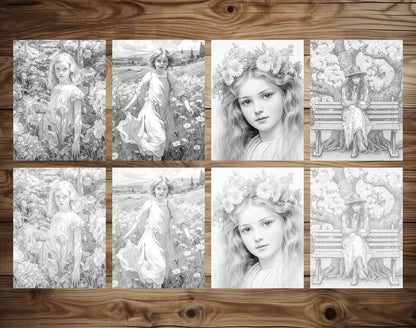 25 Spring Girls Grayscale Coloring Pages - Instant Download - Printable PDF Dark/Light – preview 3