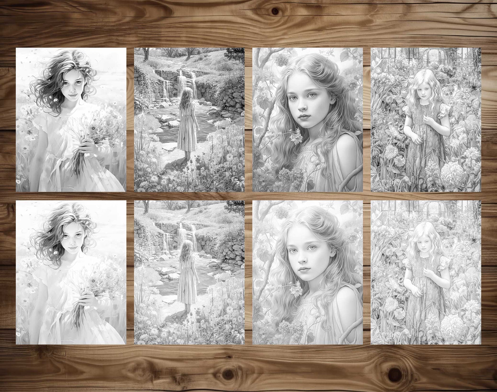 25 Spring Girls Grayscale Coloring Pages - Instant Download - Printable PDF Dark/Light – preview 4