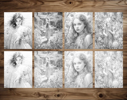 25 Spring Girls Grayscale Coloring Pages - Instant Download - Printable PDF Dark/Light – preview 4