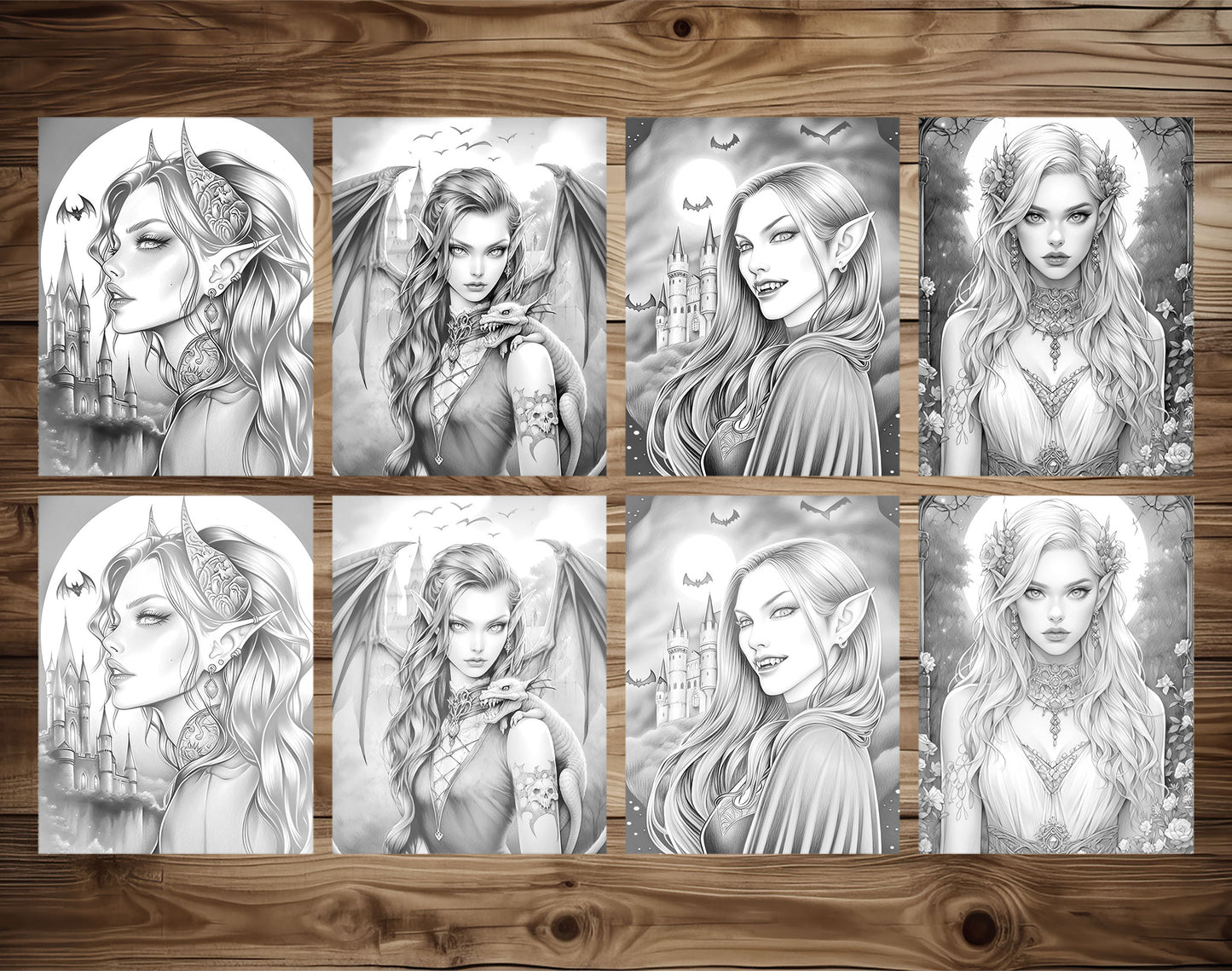 25 Vampire Beauties Grayscale Coloring Pages - Halloween Coloring - Instant Download - Printable PDF Dark/Light – preview 3