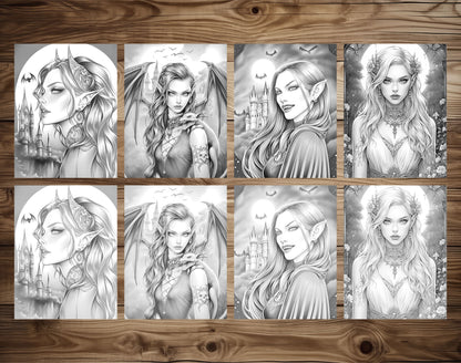 25 Vampire Beauties Grayscale Coloring Pages - Halloween Coloring - Instant Download - Printable PDF Dark/Light – preview 3
