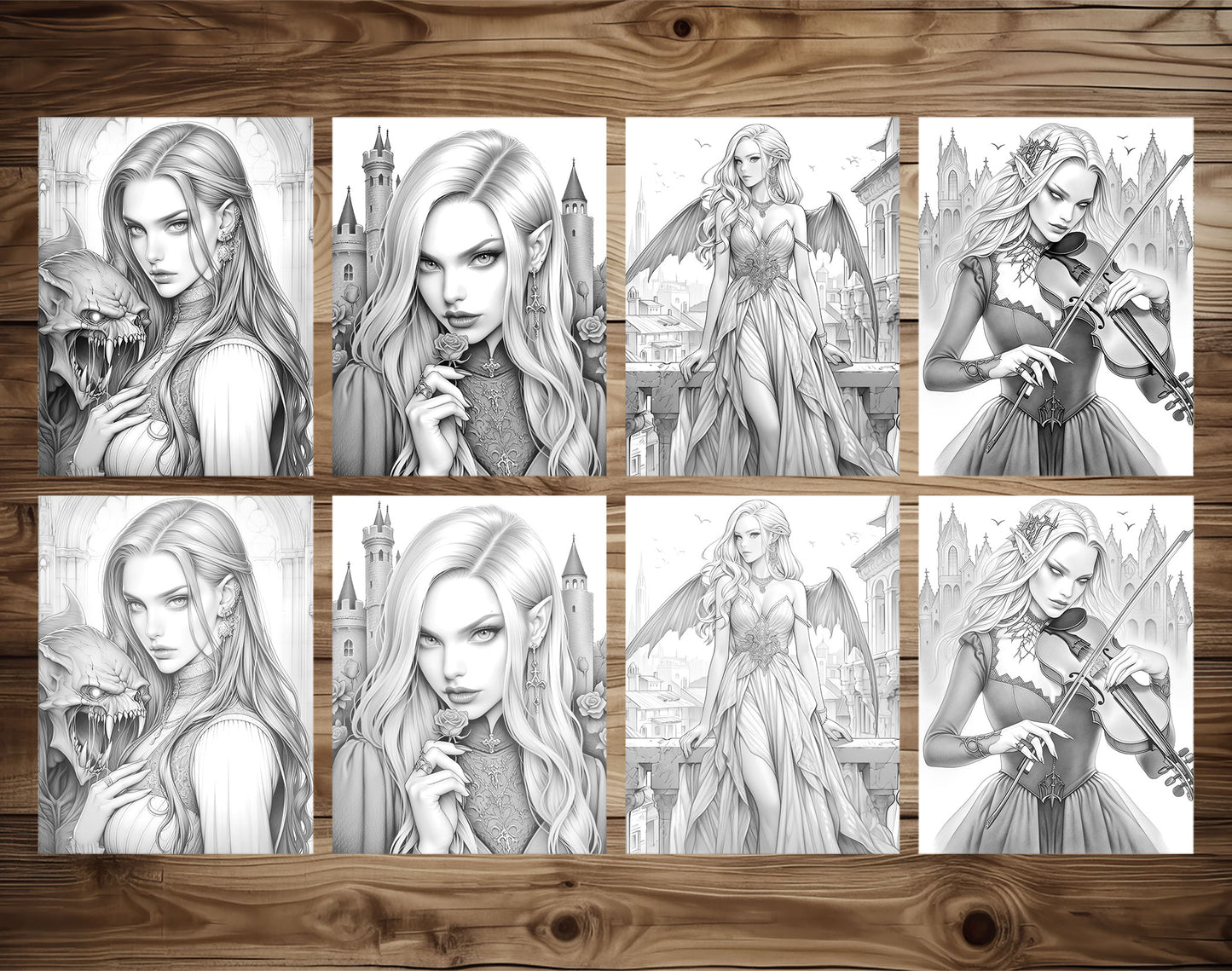 25 Vampire Beauties Grayscale Coloring Pages - Halloween Coloring - Instant Download - Printable PDF Dark/Light – preview 4