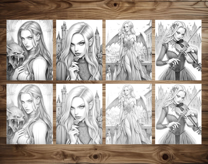 25 Vampire Beauties Grayscale Coloring Pages - Halloween Coloring - Instant Download - Printable PDF Dark/Light – preview 4