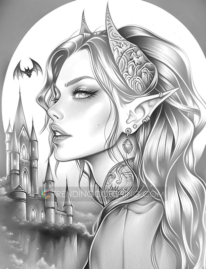 25 Vampire Beauties Grayscale Coloring Pages - Halloween Coloring - Instant Download - Printable PDF Dark/Light – preview 5