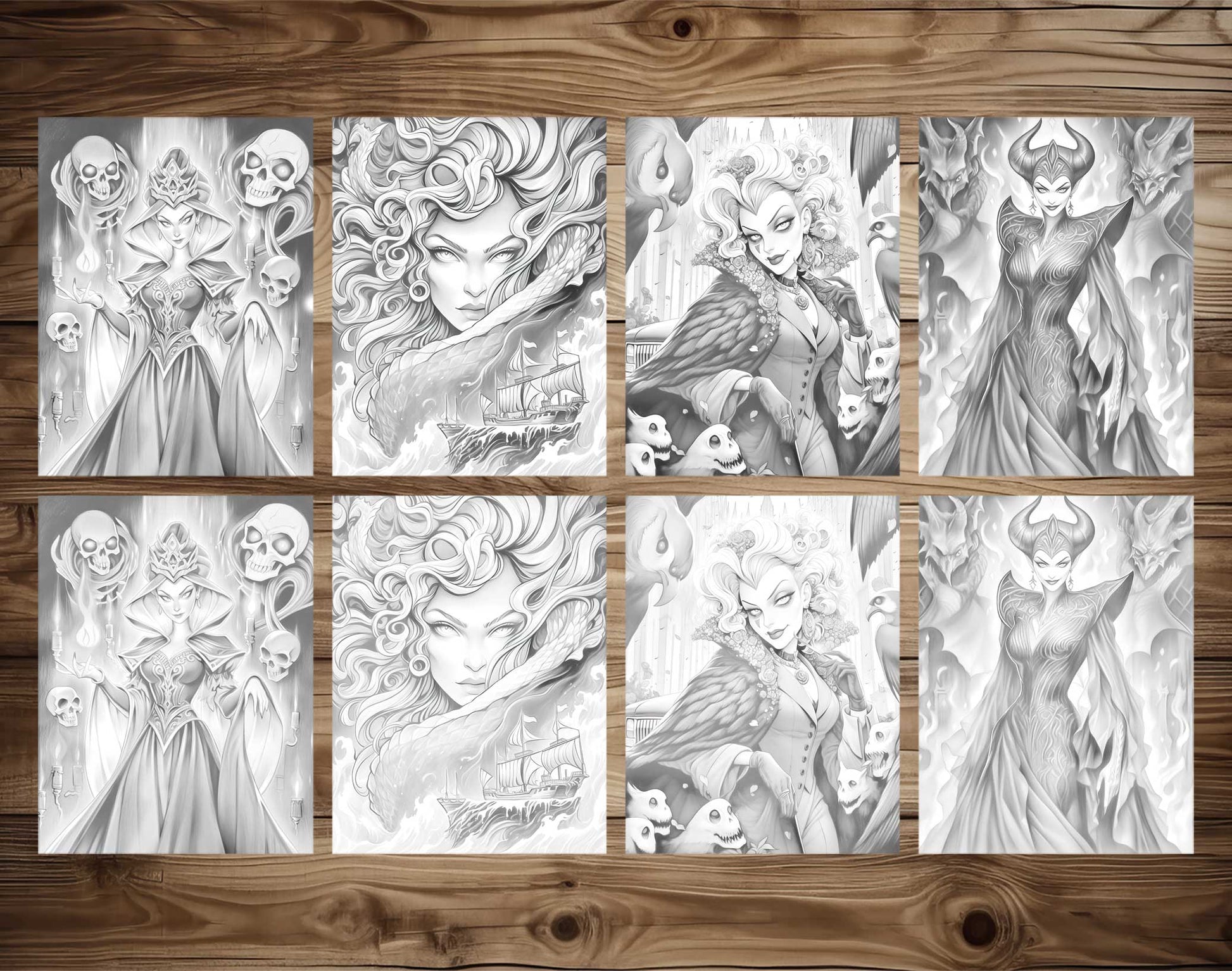 25 Villain Beauty Grayscale Coloring Pages - Instant Download - Printable PDF Dark/Light – preview 3