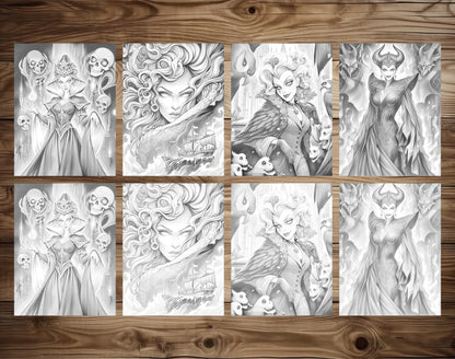 25 Villain Beauty Grayscale Coloring Pages - Instant Download - Printable PDF Dark/Light – preview 3