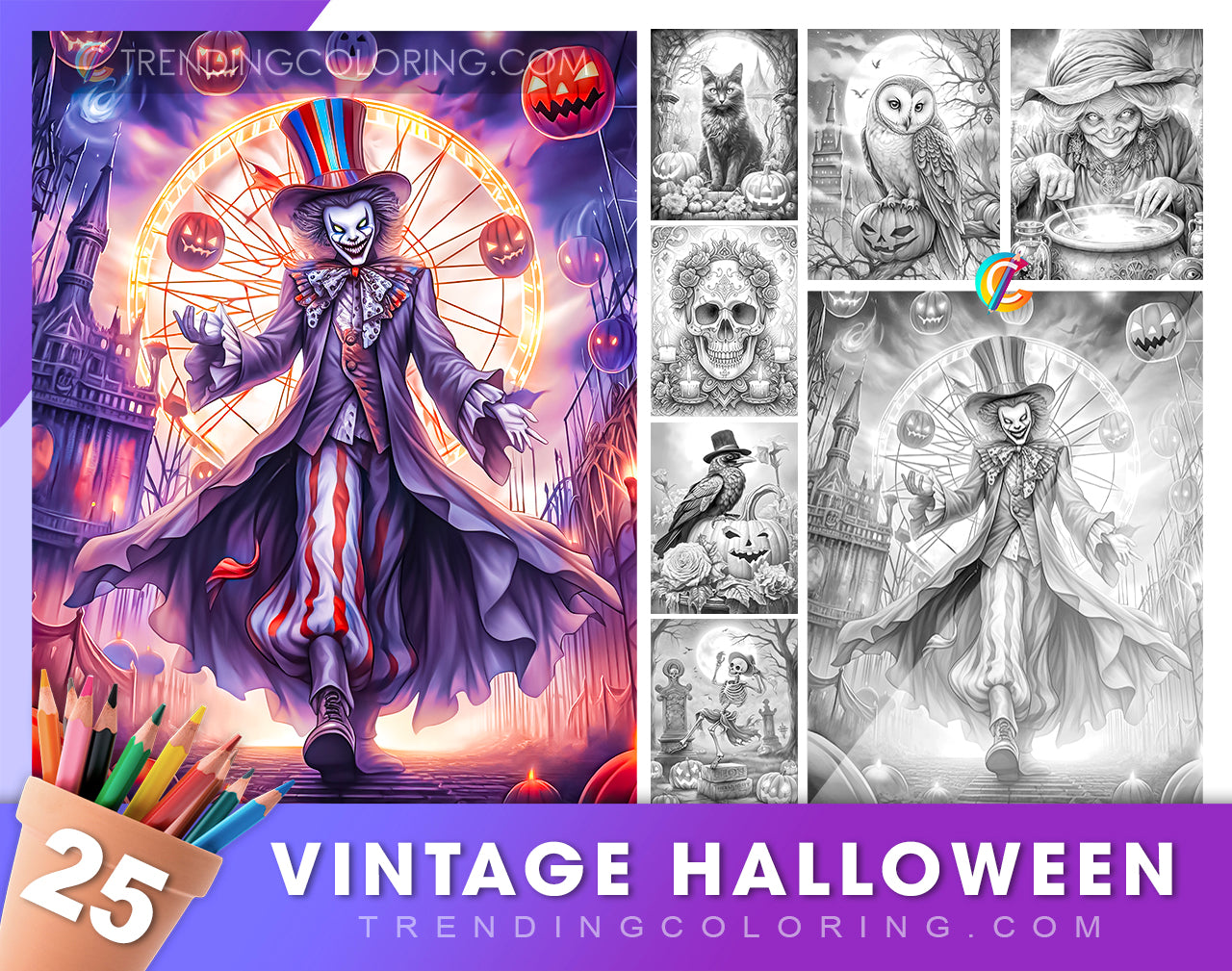 25 Vintage Halloween Grayscale Coloring Pages - Instant Download - Printable PDF Dark/Light