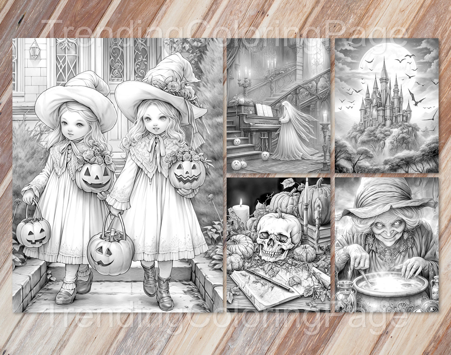 25 Vintage Halloween Grayscale Coloring Pages - Instant Download - Printable PDF Dark/Light – preview 2