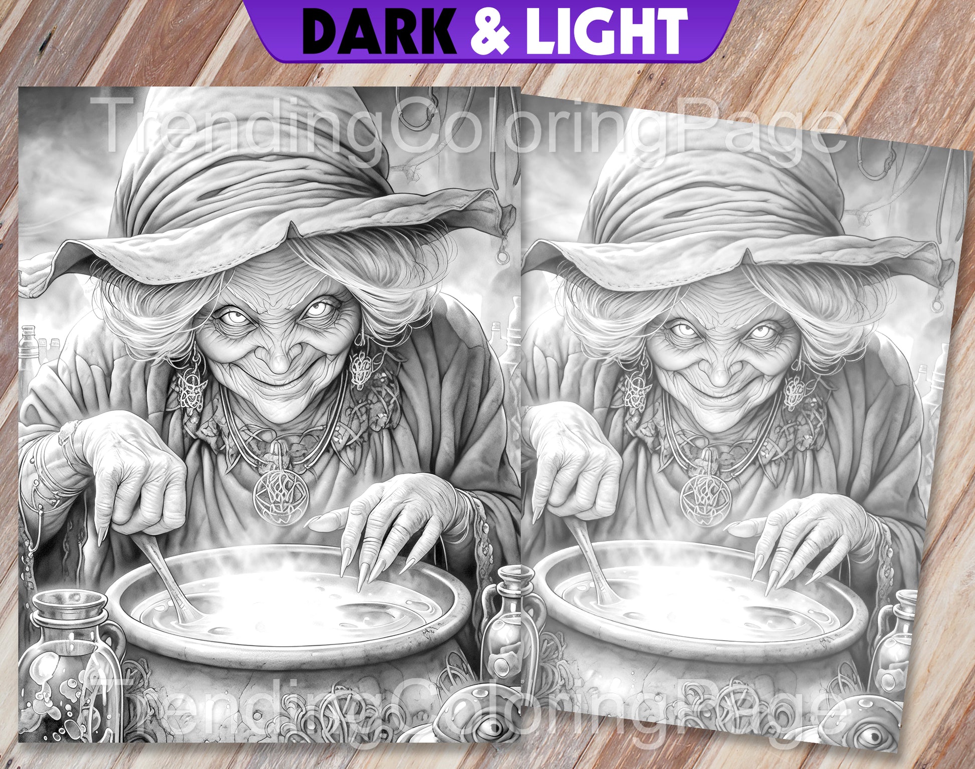 25 Vintage Halloween Grayscale Coloring Pages - Instant Download - Printable PDF Dark/Light – preview 4