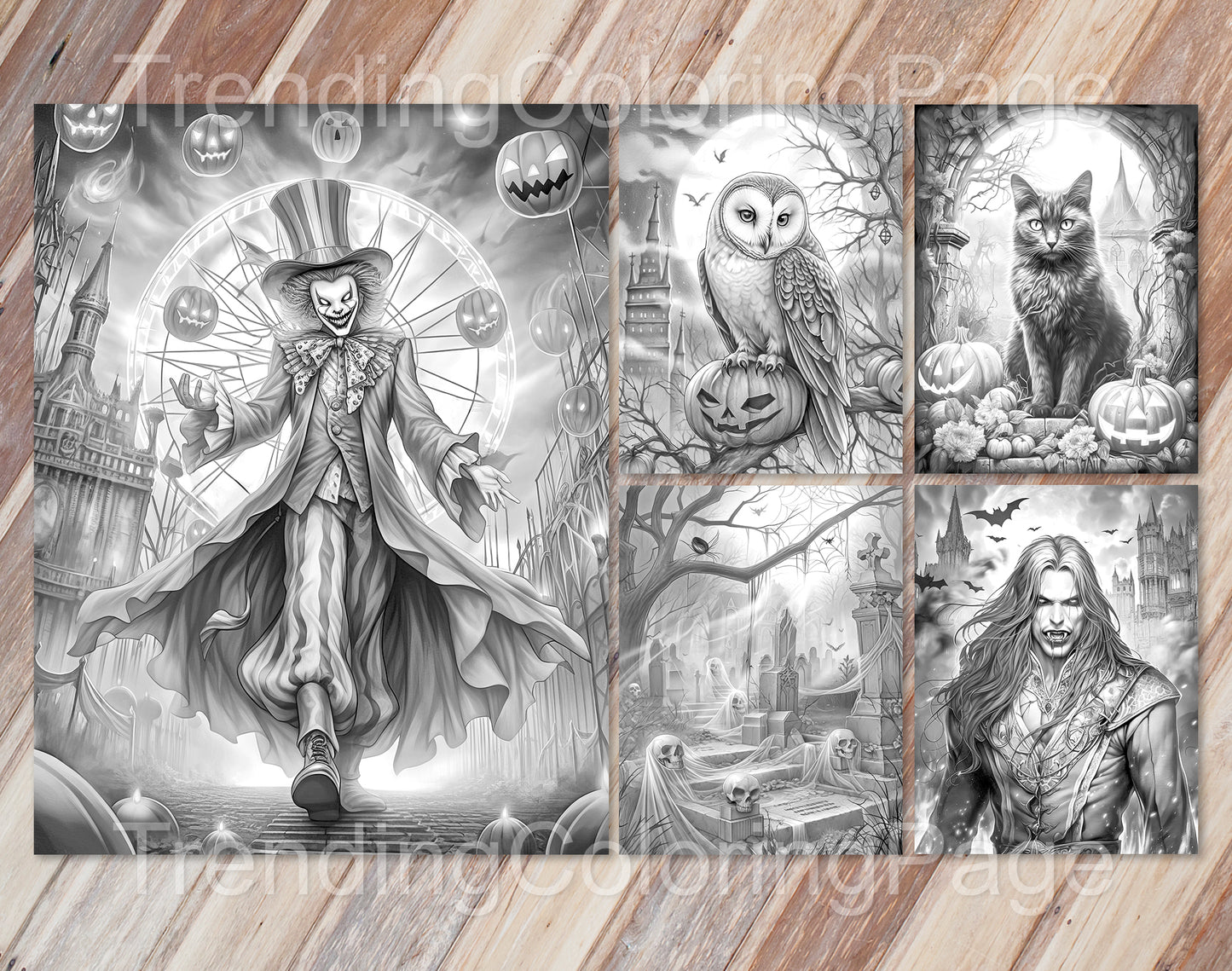 25 Vintage Halloween Grayscale Coloring Pages - Instant Download - Printable PDF Dark/Light – preview 6