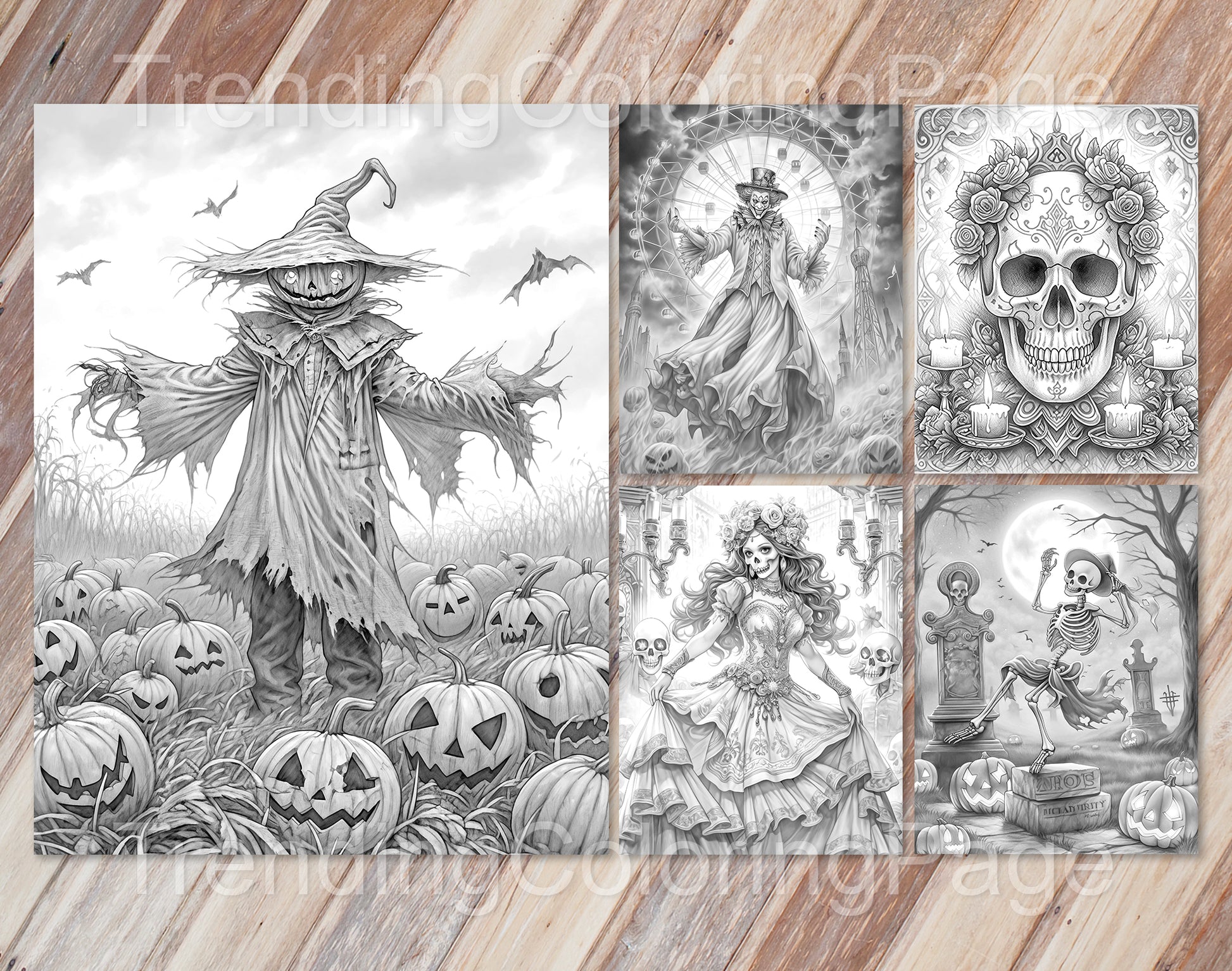 25 Vintage Halloween Grayscale Coloring Pages - Instant Download - Printable PDF Dark/Light – preview 7