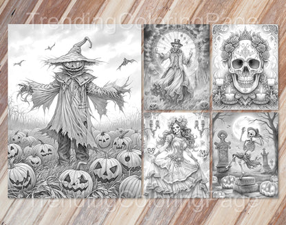 25 Vintage Halloween Grayscale Coloring Pages - Instant Download - Printable PDF Dark/Light – preview 7