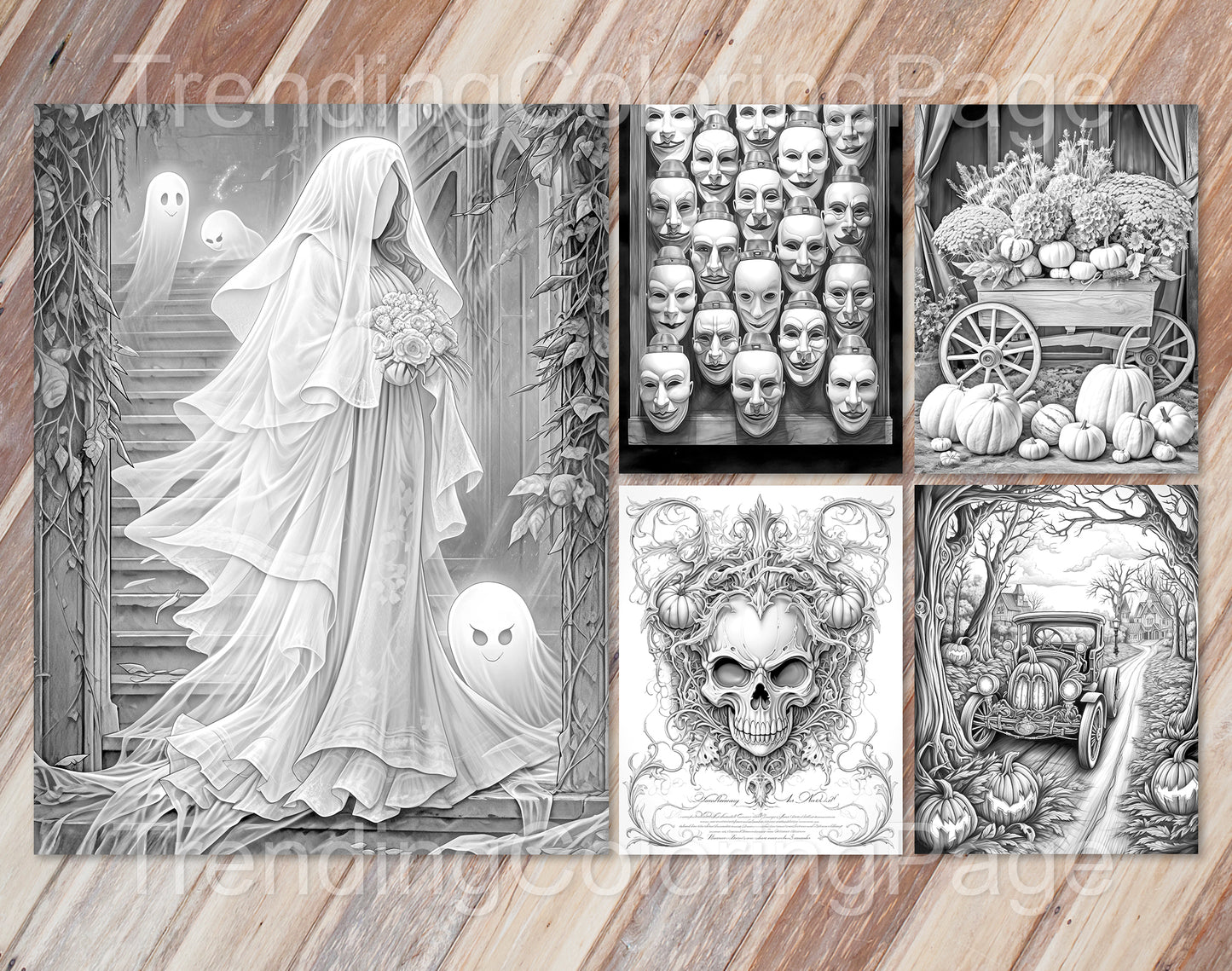 25 Vintage Halloween Grayscale Coloring Pages - Instant Download - Printable PDF Dark/Light – preview 8