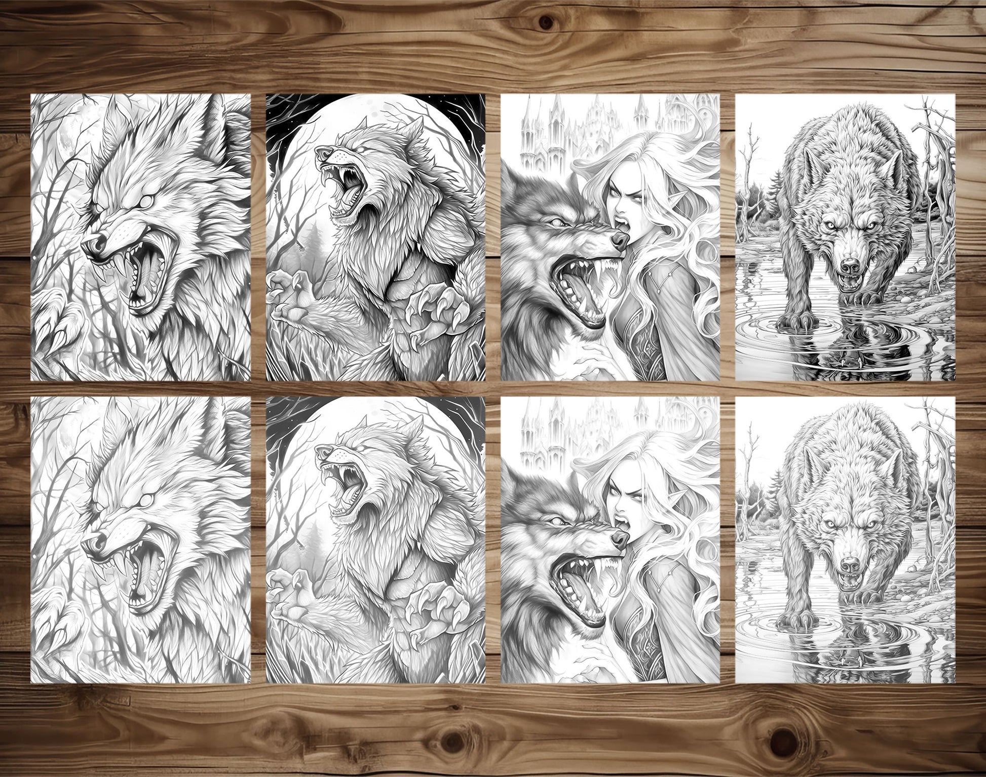 25 Werewolf Monster Grayscale Coloring Pages - Instant Download - Printable PDF Dark/Light – preview 6