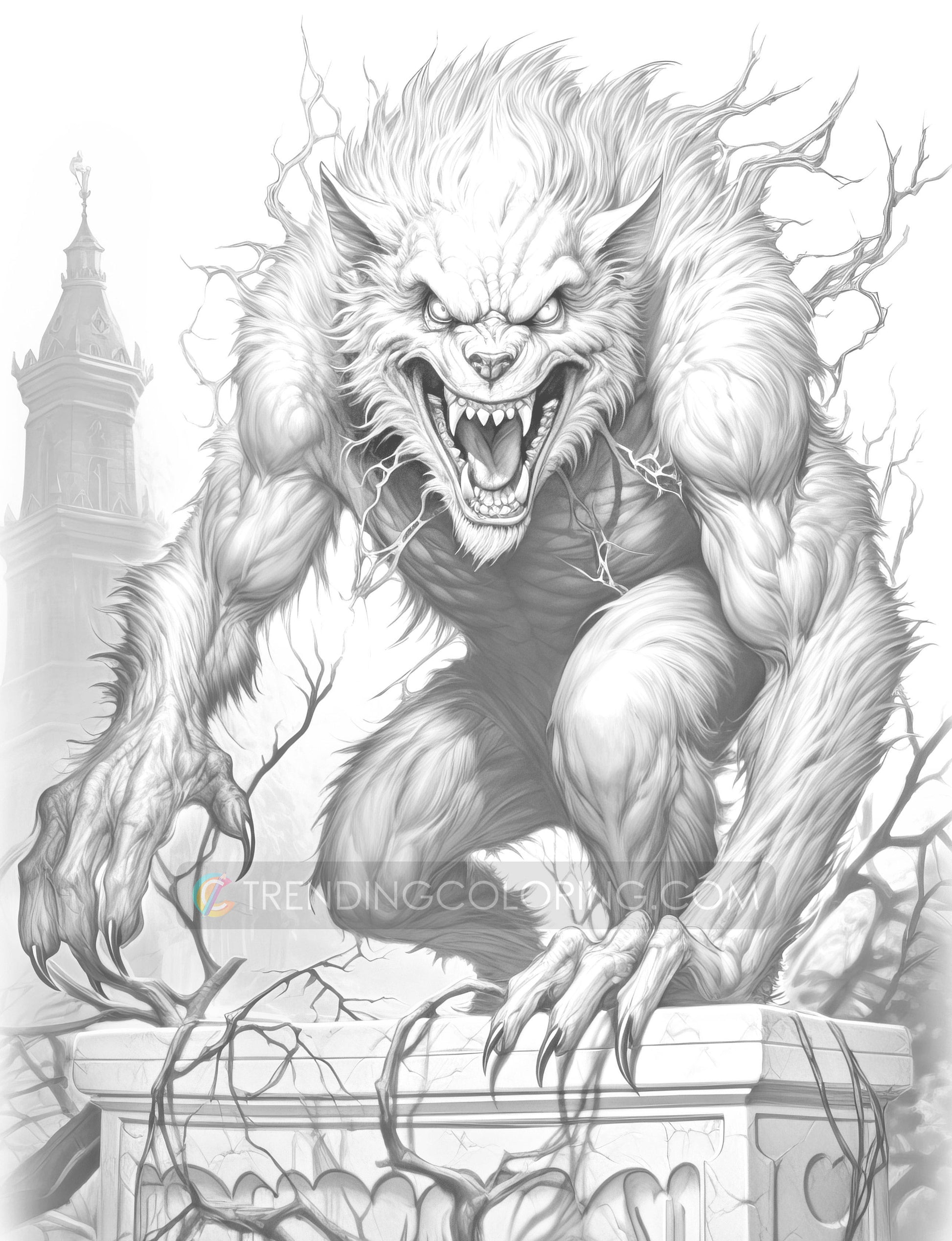 25 Werewolf Monster Grayscale Coloring Pages - Instant Download - Printable PDF Dark/Light – preview 7