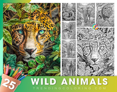 25 Wildtier-Ausmalseiten in Graustufen - Sofortiger Download - Druckbare PDF