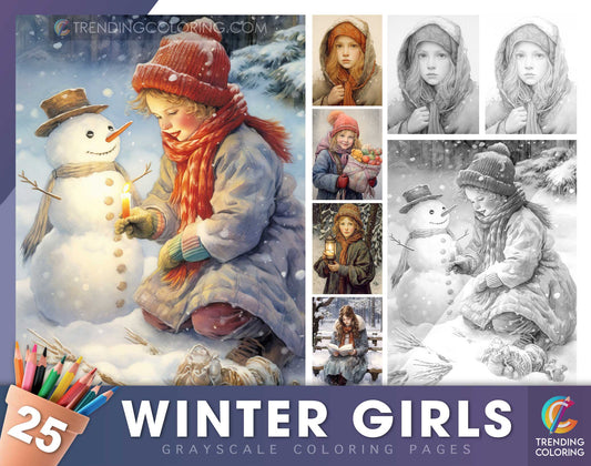 25 Winter Girls Grayscale Coloring Pages - Instant Download - Printable PDF Dark/Light
