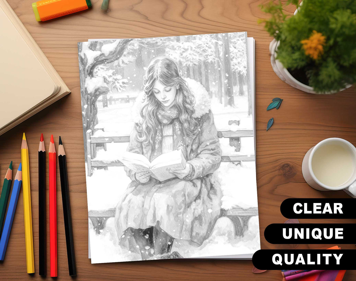 25 Winter Girls Grayscale Coloring Pages - Instant Download - Printable PDF Dark/Light – preview 3